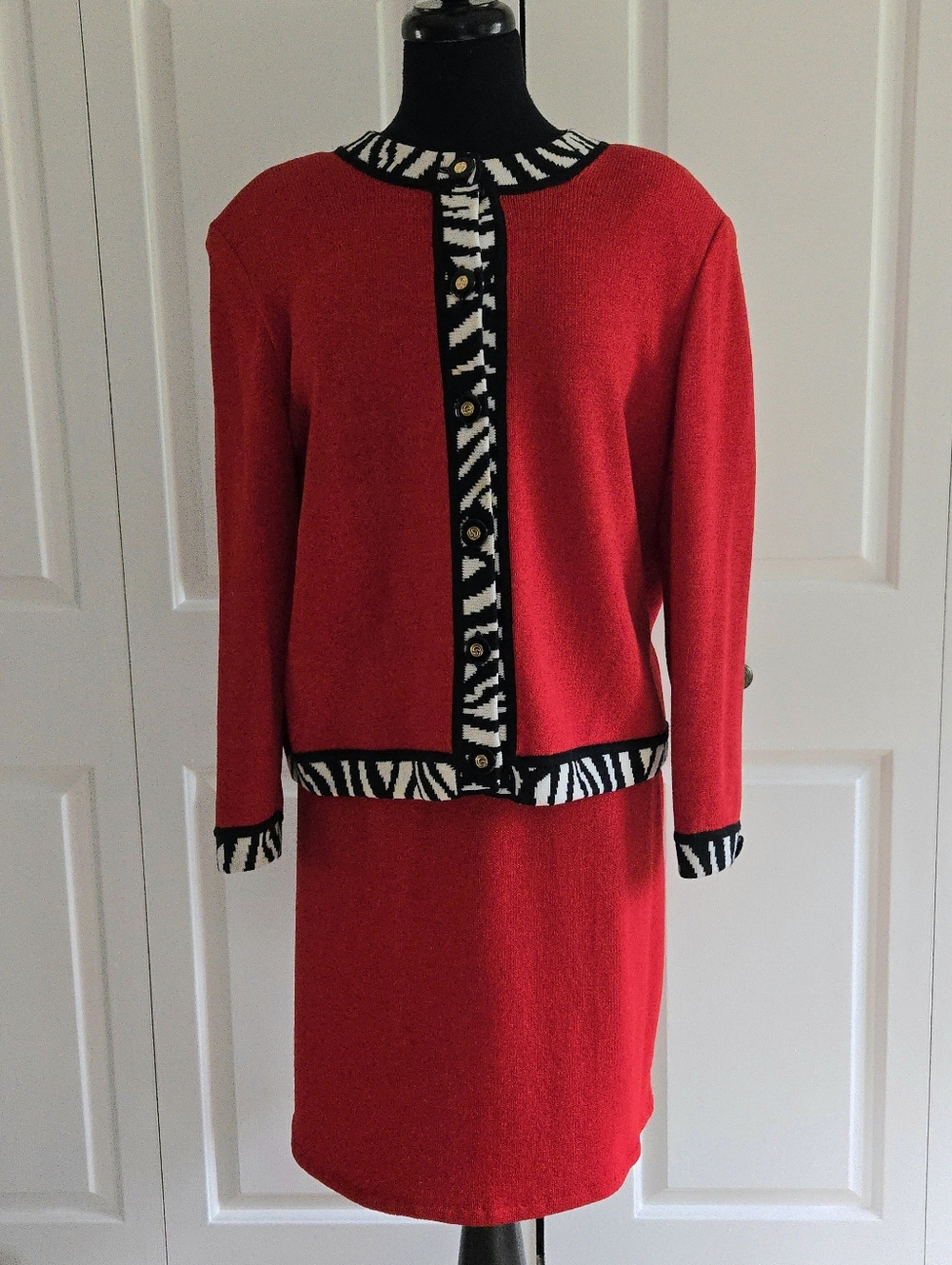 Vintage St. John Collection Red Santana Knit Skirt Suit Black White Zebra Trim